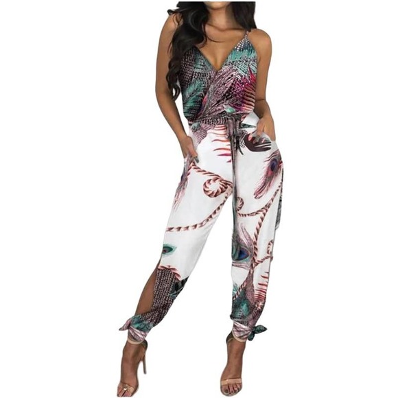 CBR Women Small V Neck Peacock Print Slit Casual Beach Spaghetti Strap Jumpsuit - Picture 1 of 9